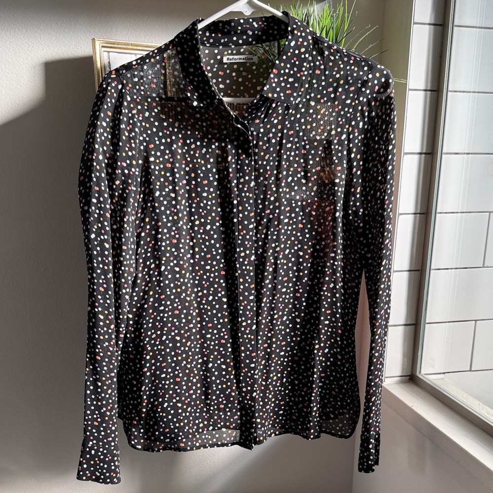 Reformation Black Button-Down with Multicolored Dots